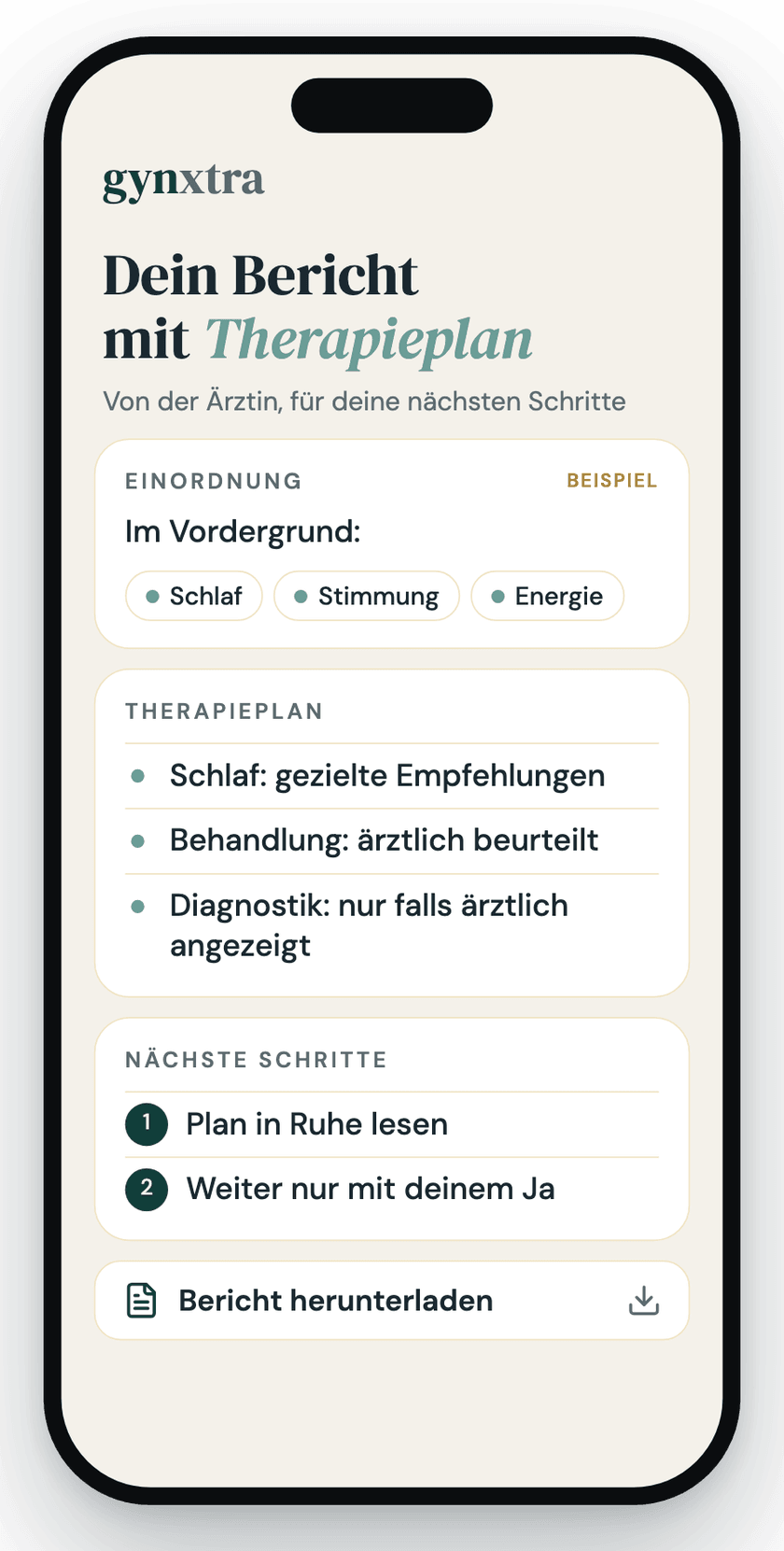 Beispielansicht des Berichts mit Therapieplan im Patientinnen-Cockpit